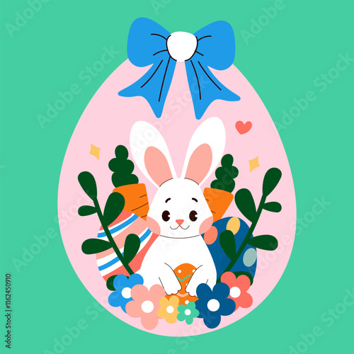 Easter egg with bunny and flowers. Flat vector illustrations.