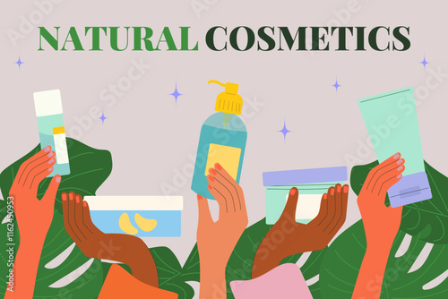 Natural cosmetics. Set with hands holding skincare products. Skin care product collection, flat moisturizing cosmetic jars composition with christmas decorations. Skincare set.
