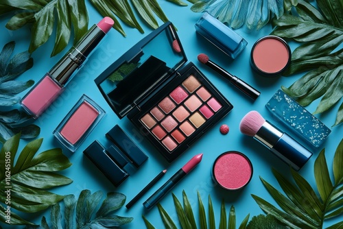 A vibrant makeup collection arranged among tropical leaves on a blue background. photo