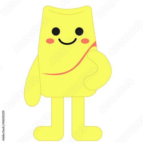 a cheerful, anthropomorphic yellow character with a simple, cartoonish design. The character has a rectangular body with rounded edges, two black circular eyes, a smiling mouth, and pink cheeks