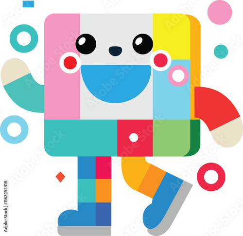 a colorful, playful illustration of a character composed of various geometric shapes and bright colors. The character has a square head with a smiling face, featuring large, expressive eyes 