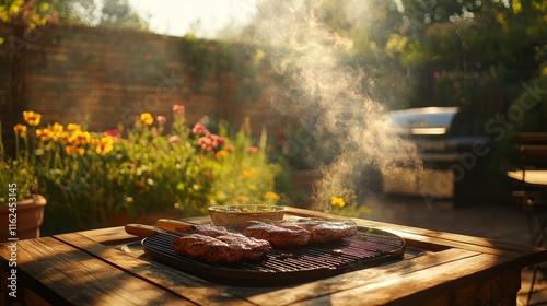 Summer outdoor cooking, chargrilled steaks, aged wood table foreground, flowering garden backdrop, brick perimeter wall, drifting smoke wisps, golden sunlight, lifestyle composition