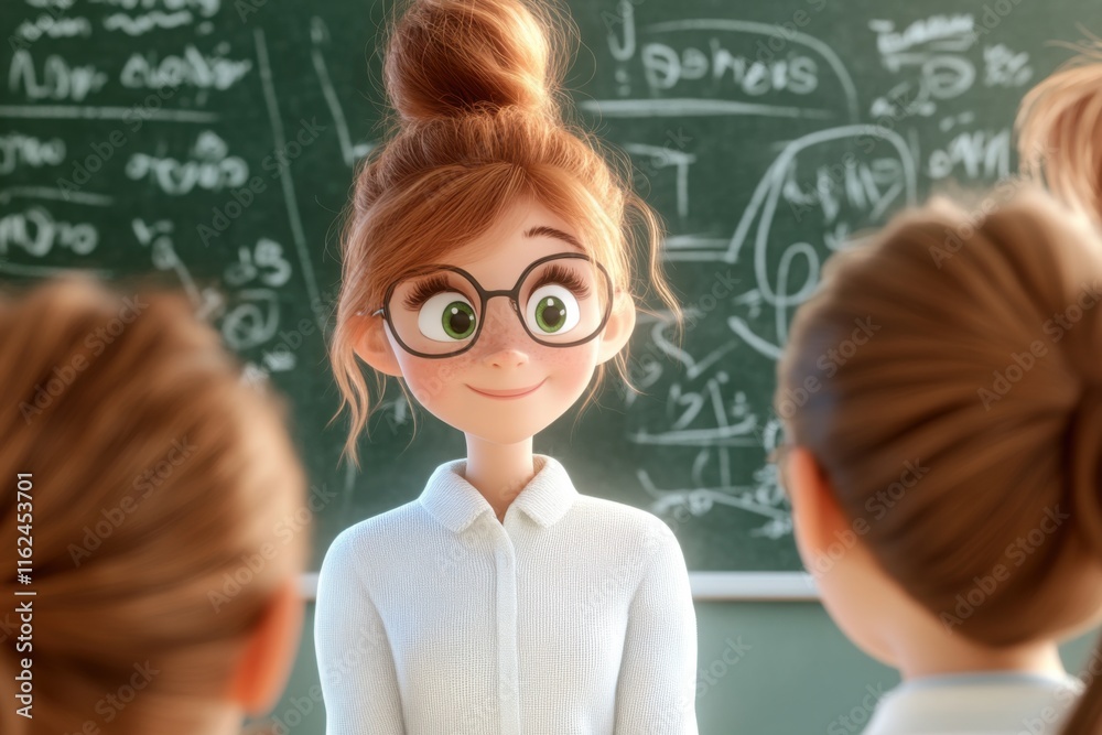 Cheerful animated teacher explains math concepts on a chalkboard while engaging with attentive cartoon students in a bright classroom Cheerful animated teacher explains math concepts on a chalkboard while engaging with attentive cartoon students in a bright classroom