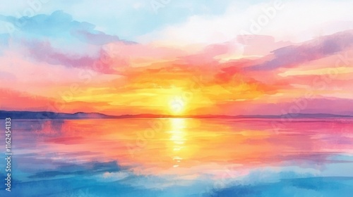 Abstract Watercolor Background on Paper with a Colorful Sunset and Bright Sky