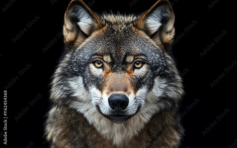 Obraz premium Close-up portrait of a wolf against a black background.
