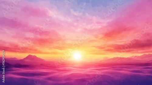 Abstract Watercolor Background on Paper with a Colorful Sunset and Bright Sky