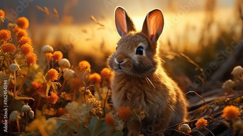 Adorable Bunny Rabbit in Golden Sunset Meadow Flowers photo