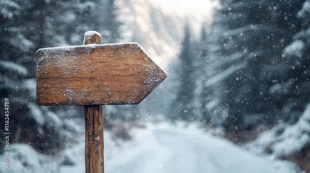 Fototapeta premium Directional signpost stands in heavy snowfall with a blurred snowy mountain background, weathered wood texture, and falling snowflakes, creating an ethereal winter scene.