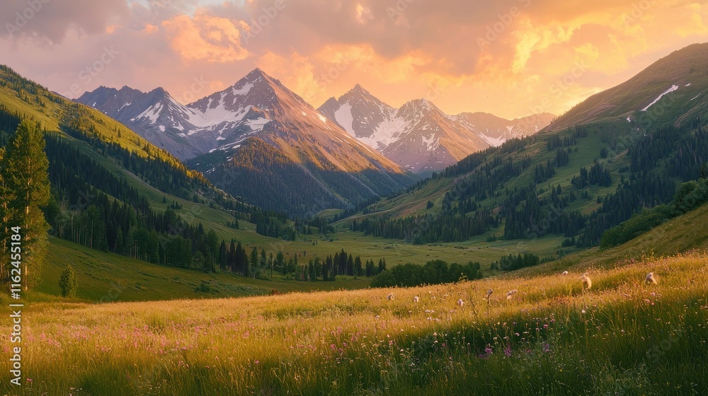 Serene mountain landscape at sunset with lush greenery. Serene mountain landscape at sunset with lush greenery.