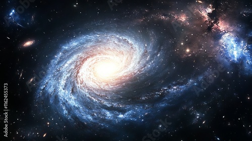 High-definition view from space of a majestic spiral galaxy amidst a star-filled universe with vibrant nebulae and celestial elements