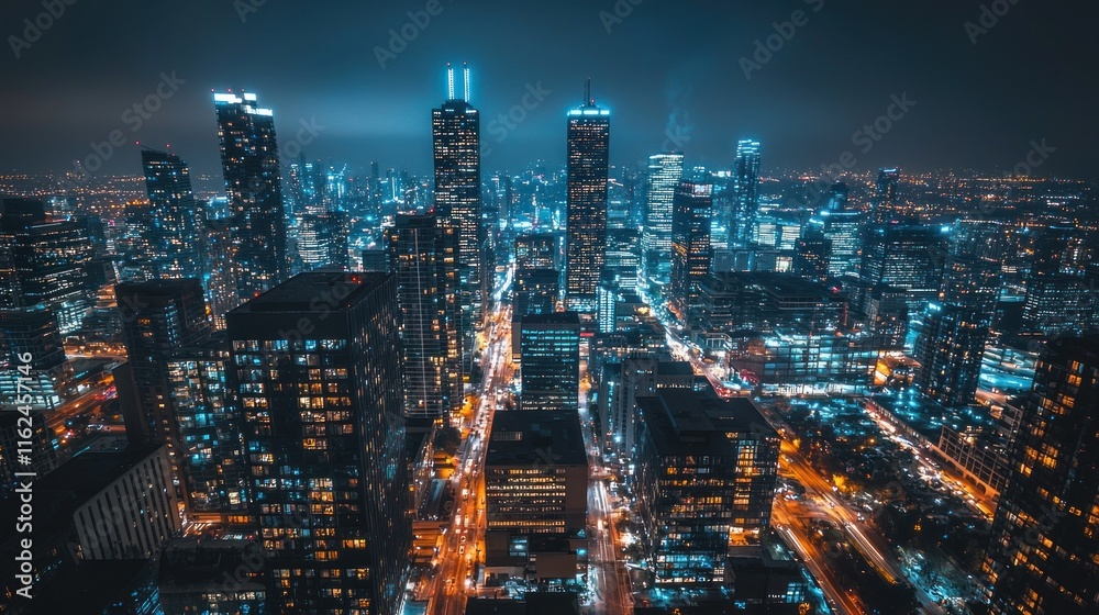 Obraz premium Nighttime cityscape illuminated skyscrapers city lights