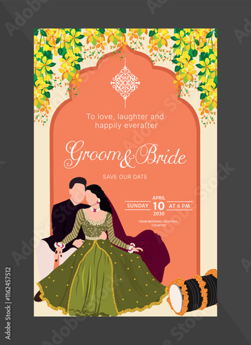 indian marriage card containing bride and groom illustration and dholak for mehndi and haldi