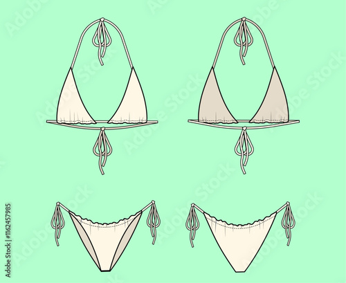 Ladies and Girls Two-piece swimsuit, swimwear and beachwear outline drawing flat sketch. 