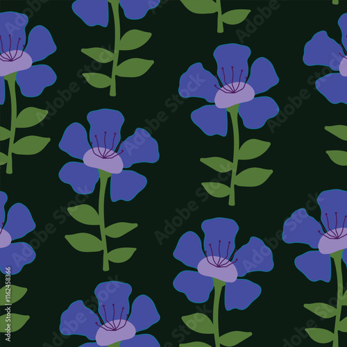 seamless pattern with purple flowers. purple flowers on dark green background seamless vector repeat pattern.