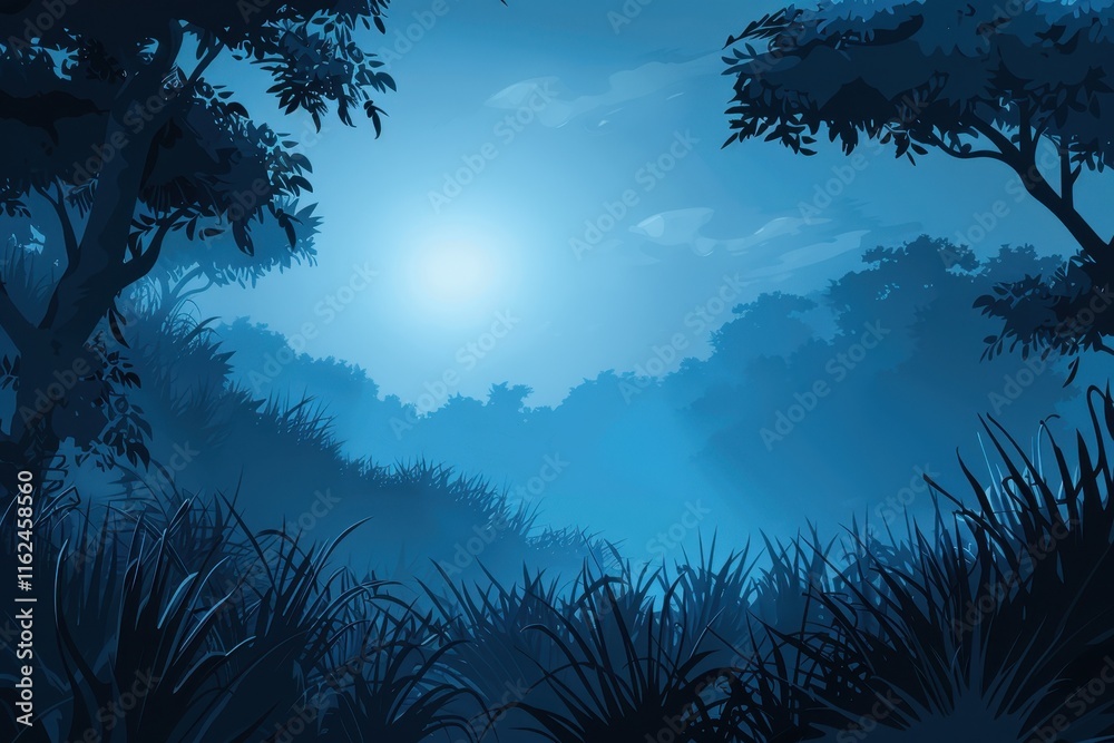 Fototapeta premium A Silhouette of Trees and Grass in a Blue Twilight Sky