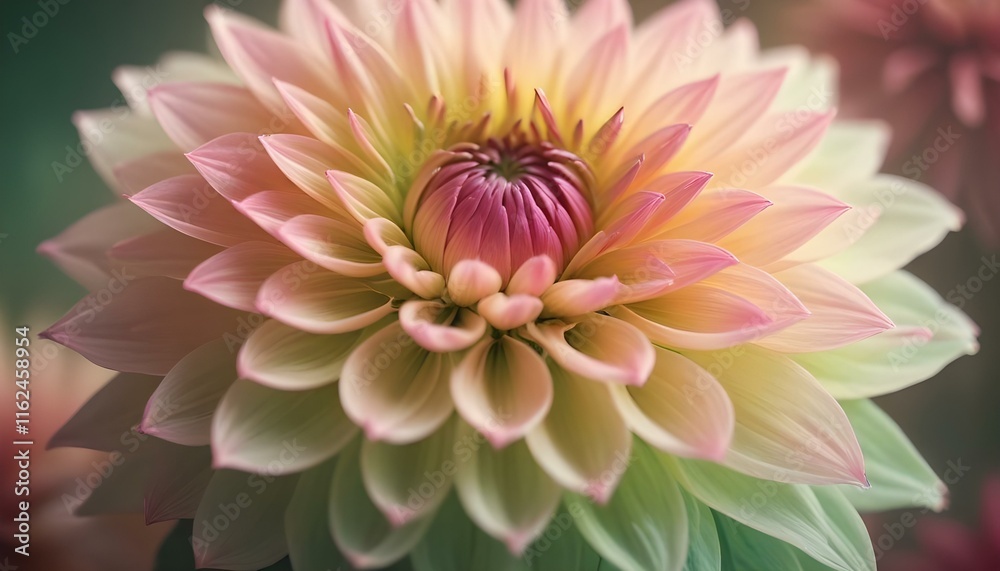 Obraz premium Primer plano de una vibrante flor de dalia rosa y verde con pétalos suaves y difusos sobre un fondo borroso