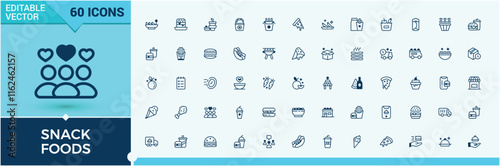 Snack Foods icon set. Containing ice, lunch, food, sausage, japanese. Perfect for logos and infographics. Solid line editable vector illustration.