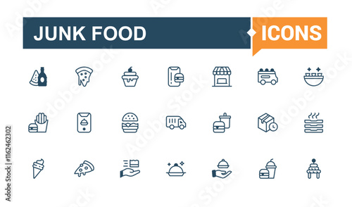Junk Food linear icon collection. Contains such icons as burger, ice, snack, drink, meal, bakery, sushi and more. Set of line pictogram. Vector illustration in modern line style.
