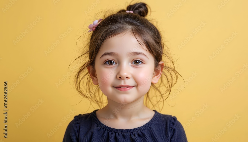 Little girl with a playful smile and messy bun hairdo against a yellow background Little girl with a playful smile and messy bun hairdo against a yellow background