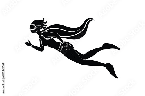 "Female Scuba Diver Side View Silhouette Vector Illustration"

