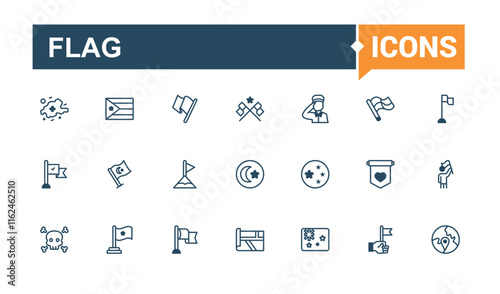 Flag icon set. Containing shape, pointer, website, red, pin, web, small and more. Thin outline icons pack. Editable vector outline and solid icons.