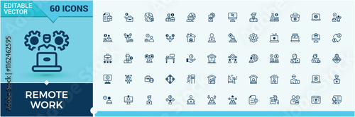 Remote Work linear icon collection. Icons man, network, business, office, workplace and more. Isolated icons design. Outline and solid pictogram.