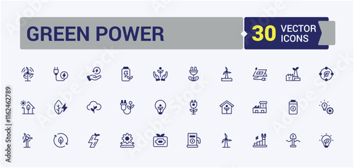 Green Power linear icon collection. Includes thin line power, factory, sustainable, environmental, geothermal, water, green, thermal. Isolated icons design. Outline and solid pictogram.