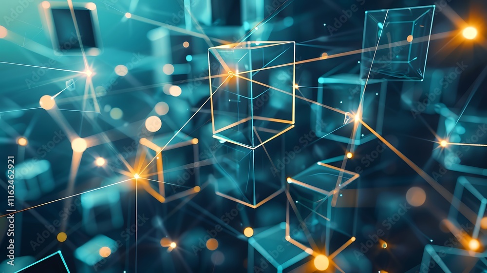 Translucent cubes are interconnected by glowing lines, creating a digital network structure. Suggests data flow, connections, and abstract technology concepts.
Translucent cubes are interconnected by glowing lines, creating a digital network structure. Suggests data flow, connections, and abstract technology concepts.