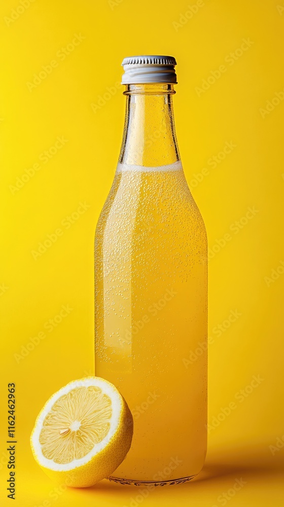 Refreshing Lemonade Bottle Against Vibrant Yellow Background with Fresh Lemon