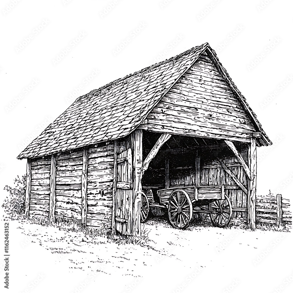 A pen and ink drawing of a rustic wooden barn with a vintage wagon parked inside. A pen and ink drawing of a rustic wooden barn with a vintage wagon parked inside.