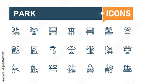 Park icon set. It contains symbols to travel, camp, urban, playground, recreation, bridge, public, car. Pixel perfect. Solid line editable stroke. Vector line and solid icons.