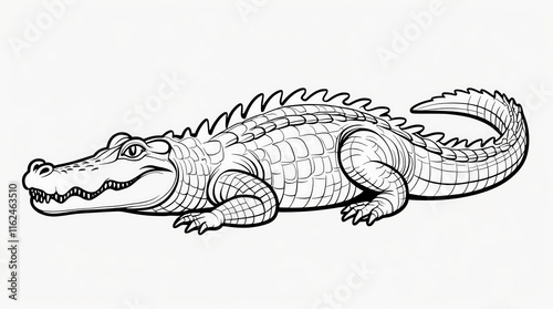A detailed black and white line drawing of a powerful crocodile with textured skin and sharp teeth