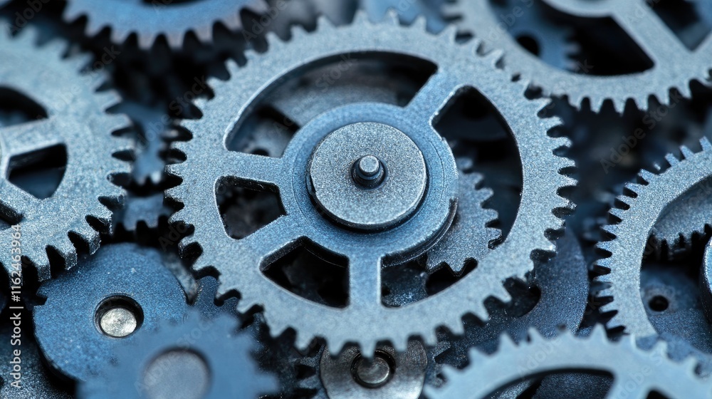 Close-Up of Interlocking Metal Gears and Cogs in Industrial Machinery Close-Up of Interlocking Metal Gears and Cogs in Industrial Machinery