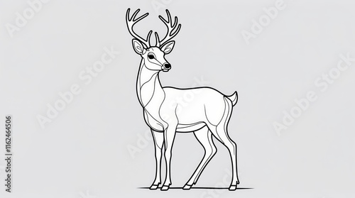 An elegant black and white line drawing of a majestic deer with large antlers standing gracefully