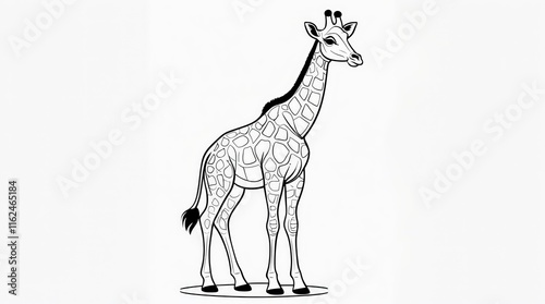 A tall and graceful giraffe with distinctive spots standing in a detailed black and white illustration