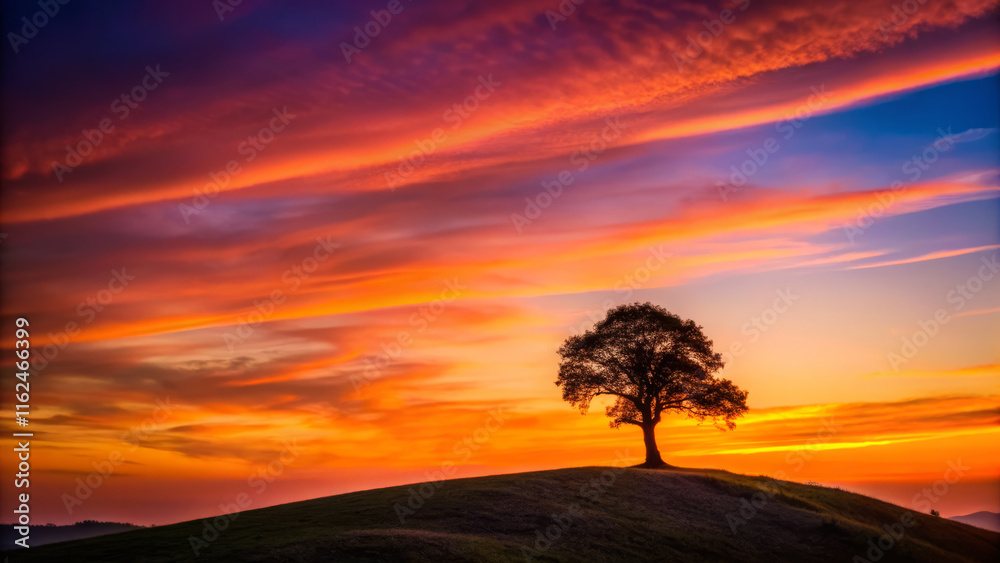 Obraz premium Majestic sunset silhouette with lone tree on rolling hills, creating serene and picturesque landscape. vibrant colors of sky evoke sense of tranquility and beauty