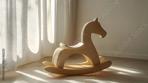 Wooden rocking horse features Scandinavian design with natural wood texture, white painted details, and a beige-white color scheme, ideal for children's nursery decor, showcasing traditional craftsman photo