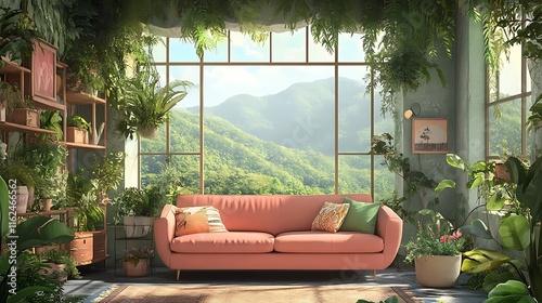 Sun-Drenched Living Room Oasis: 3D Render of a Mountain View Sanctuary AI Generated