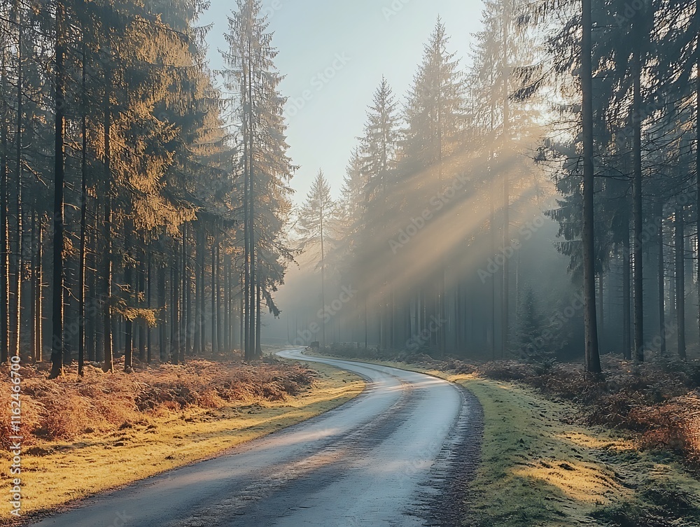 Fototapeta premium Sunbeams Illuminate Winding Road Through Misty Pine Forest