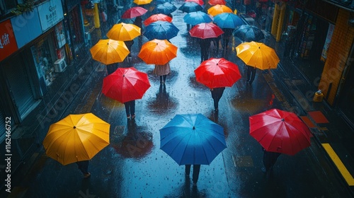 A vibrant street scene with colorful umbrellas in the rain, creating a lively atmosphere.