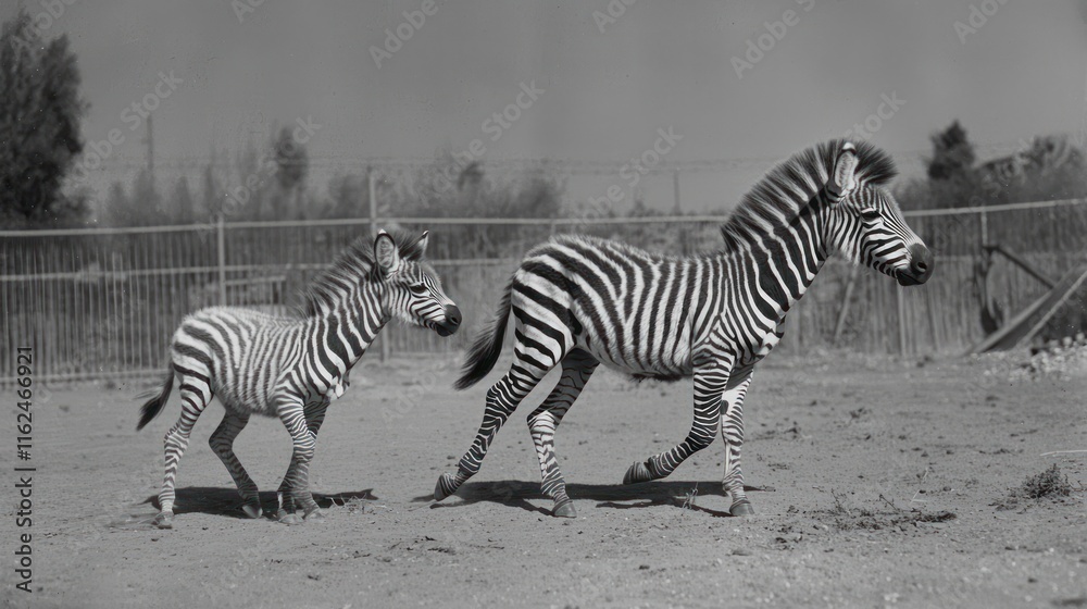 Two zebras a young foal and adult walking together Two zebras a young foal and adult walking together