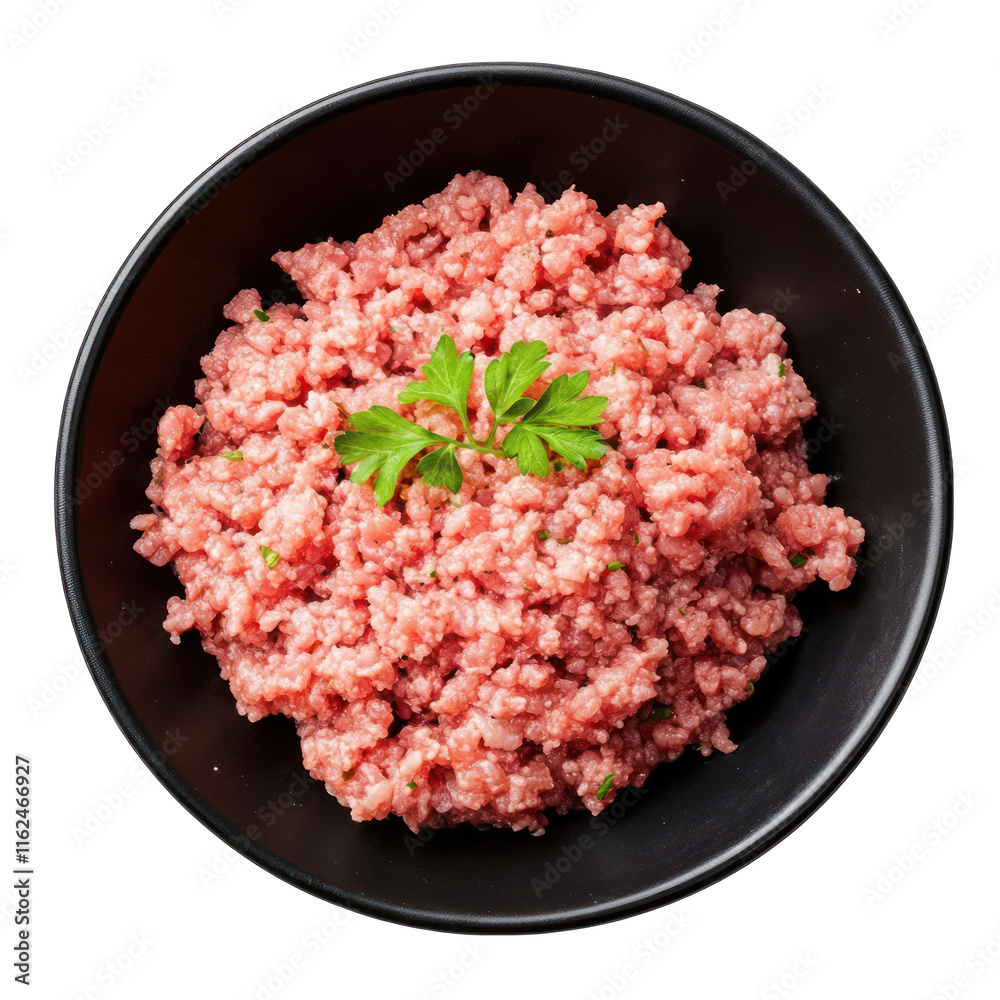 Raw ground meat on black bowl isolated on transparent background