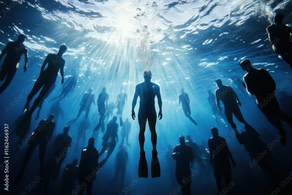 Obraz premium Exploring the underwater world with freedivers in a clear ocean setting