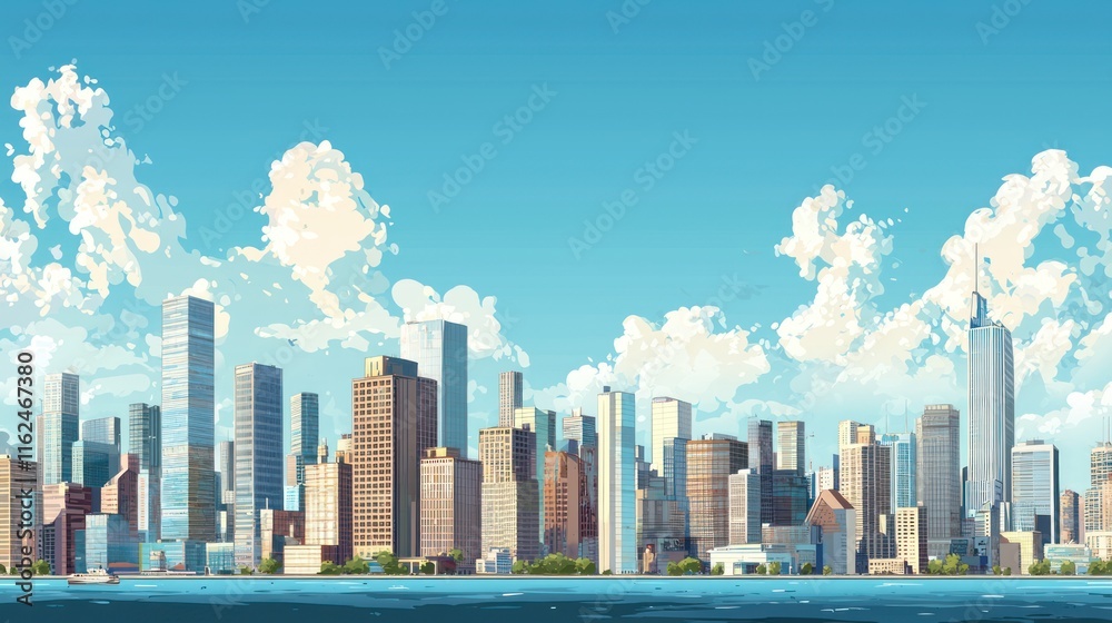Naklejka premium A City Skyline on a Sunny Day with Fluffy Clouds