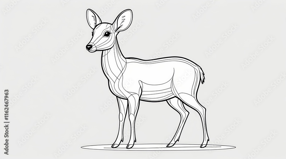 Fototapeta premium A delicate black and white line drawing of a young deer standing gracefully with large ears