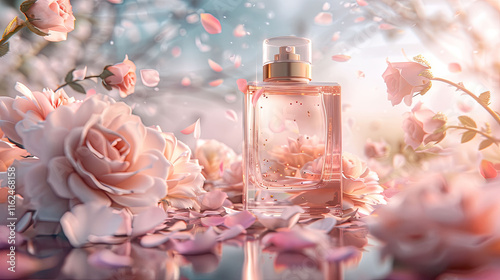 A luxurious and delicate perfume mockup featuring an elegant glass bottle with golden accents, surrounded by roses