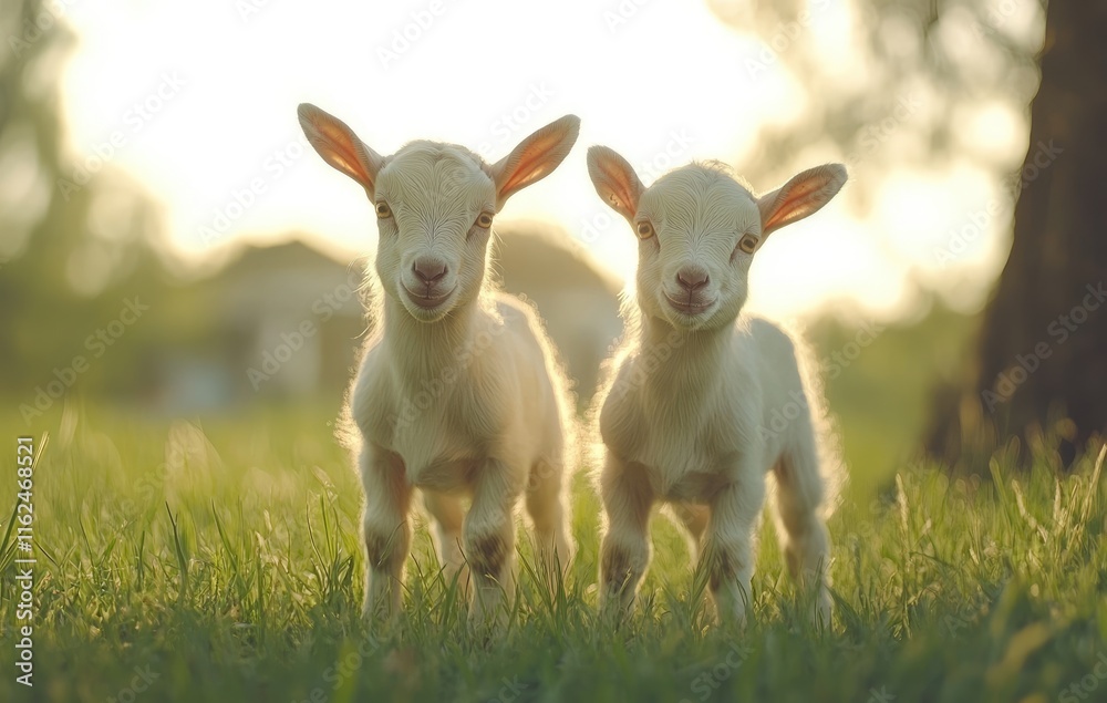 Two baby goats standing on the grass, cute and adorable Two baby goats standing on the grass, cute and adorable