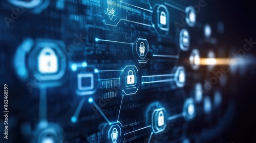 Futuristic Digital Security Network with Glowing Locks and Technology Connections