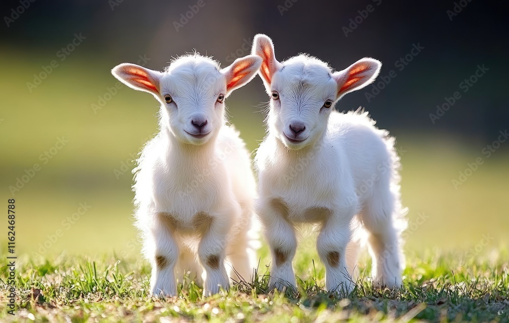 Two baby goats standing on the grass, cute and adorable Two baby goats standing on the grass, cute and adorable