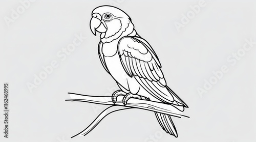 A detailed black and white illustration of a cockatoo perched on a branch with its crest raised photo